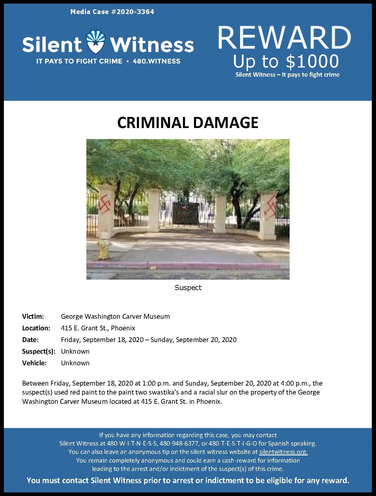 Criminal Damage / George Washington Carver Museum 415 E. Grant St.